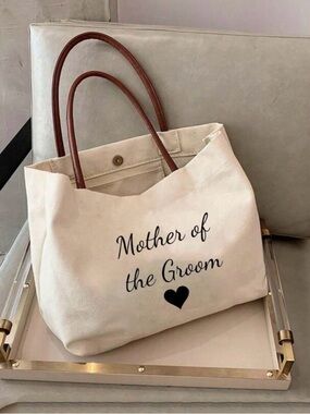 Mother of the Groom Canvas Tote Bag in Cream with Brown Handles